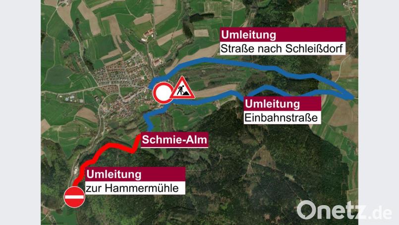 Auf der Umleitung gilt eine Einbahnstraßen-Regelung. Der Weg führt Richtung Schleißdorf zur Schmie-Alm und von dort weiter zur Hammermühle. Bild: gri