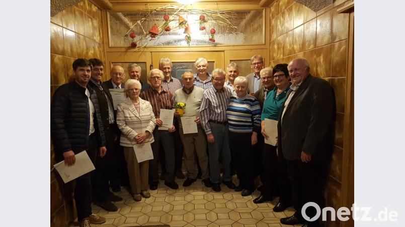 Unser Bild zeigt von links: Gerd Händel, Bürgermeister Edgar Knobloch, Siegfried Einsiedler, Maria Hofmann, Manfred Bauer, Adolf Flor, Markus Walberer, Willi Speckner, Dietmar Hentzschel, Ehrenvorsitzender Georg Schwindl, Werner Stopfer, Christine Wächter, Willi Dötsch, Anton Wittmann, Inge Dötsch und Bezirksvorsitzender Christian Benoist. Bild: dö