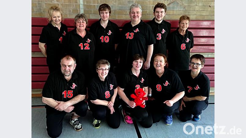 Die erfolgreichen Flugball-Spieler (oben, von links) Anita Spitzner, Evelyn Hunsperger, Tino Hunsperger, Wilhelm Kraus, Michael Kraus, Gertrude Stock sowie (unten, von rechts) Wolfgang Hunsperger, Brigitte Kraus, Anja Dreyer, Ulrike Brendel und Annette Betting. Bild: R. Kreuzer
