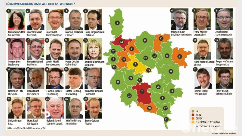 So sieht die Bürgermeister-Karte des Landkreises Amberg-Sulzbach derzeit aus. Grün sind die Kommunen markiert, in denen die Amtsinhaber 2020 wieder antreten. Grafik: Oberpfalz-Medien