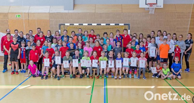 Zum Abschluss des 15. Jugendtages des Handballvereins Oberviechtach versammelten sich alle Teilnehmer zu einem Abschlussfoto. Im Vordergrund die geehrten Spieler und der einzelnen Jugendmannschaften. Bild: gud