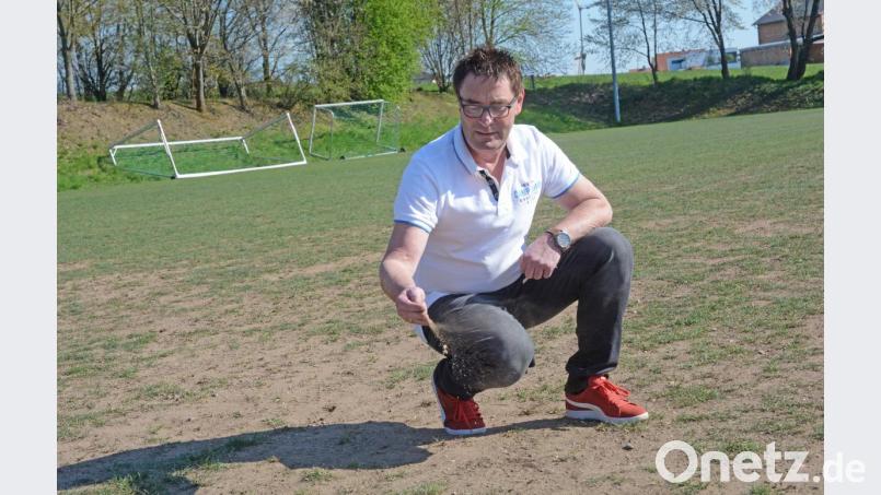 Wolfgang Schwarz, Vorstand der DJK Neustadt, klagt über die Trockenheit des Fußballplatzes. Der Verein sieht sich bereits nach einem alternativen Trainingsort um. Bild: Gabi Schönberger