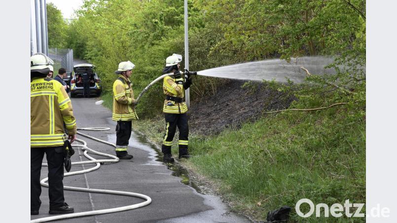 Die Böschung entlang der Bahnstrecke hinter dem Amberger Milchhof ist am Mittwochnachmittag in Brand geraten. Bild: Petra Hartl