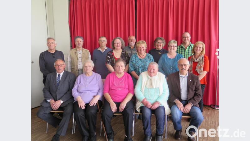Kreisvorsitzender Georg Brand (vorne links) und zweiter Ortsvorsitzender Ottmar Bothner (vorne rechts) gratulieren den Jubilaren Ernst Haberstroh, Hermann Schäffler, Alois Kastner, Birgit Voit, Dieter Pürner, Christine Erhardt, Marlies Stauffer, Edith Schiedlofsky, Andreas Danowski, Anni Sticht (hinten von links), Josefine Geide, Elfriede Graf und Marianne Schiller (sitzend von links). Bild: jzk