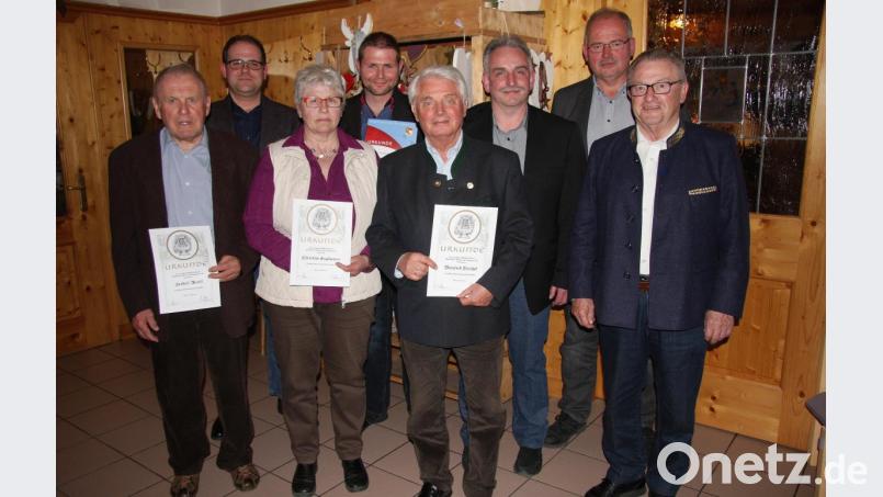 Im Namen des Musikvereins ehrte Zweiter Vorsitzender Christian Hampel (hintere Reihe, links) Herbert Merkl, Christine Englmann und Manfred Reichel (von links) für ihre langjährige Mitgliedschaft. Johannes Schöner (hintere Reihe, Zweiter von links) wurde für sein 15-jähriges Engagement als Vorsitzender vom Kreisvorsitzenden des Nordbayerischen Musikbundes, Alexander Riedl (Dritter von rechts), ausgezeichnet. Wiesaus Zweiter Bürgermeister Fritz Holm und der Friedenfelser Bürgermeister Gottfried Härtl (von rechts) gratulierten. Bild: wro