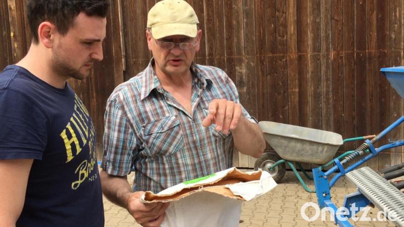 Landwirt Herbert Fleischmann (rechts) und sein Sohn Markus haben in Winbuch ein ungewöhnliches Projekt gestartet: Sie verwandeln einen Acker in eine Blühfläche. Bild: Unger, Heike