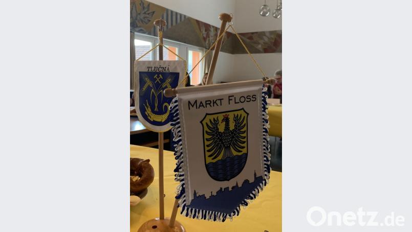 Die Wappen aus Tlučná und Floß zieren zum Empfang den großen Rathaussaal. Bild: omu