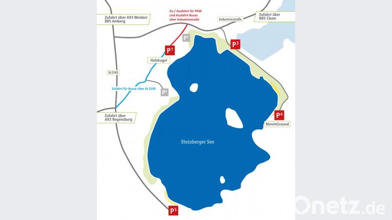 Die Verkehrsführung zu den Parkplätzen am Steinberger See läuft nach der Bauphase wieder regulär. Wichtig: Von der Oder-Kreuzung (links) ist das Westufer mit Erlebniskugel, Adventure-Golf und Wake-Board-Anklage nur für Busse erreichbar. Alle anderen Fahrzeuge müssen über die neu gestaltete Einfahrt (oben). Bild: exb