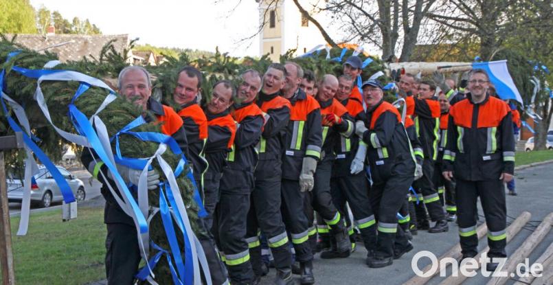 Den schweren Stamm erst einmal auf die Schulter nehmen, so startete die Feuerwehraktion zum Aufstellen des Maibaums. Bild: nm