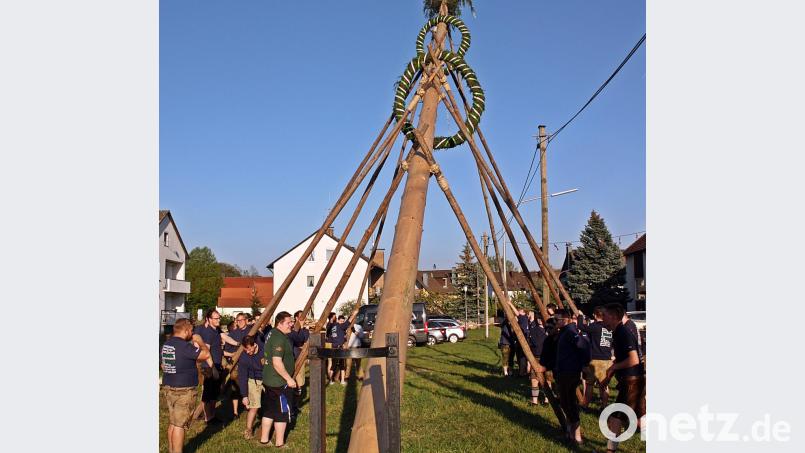 Mit Schwalben stellen die Rothenstädter den Baum in die Senkrechte. Der geschmückte Baum mit zwei Kränzen und einer aufgesetzten Spitze grüßt den Mai. Bild: R. Kreuzer