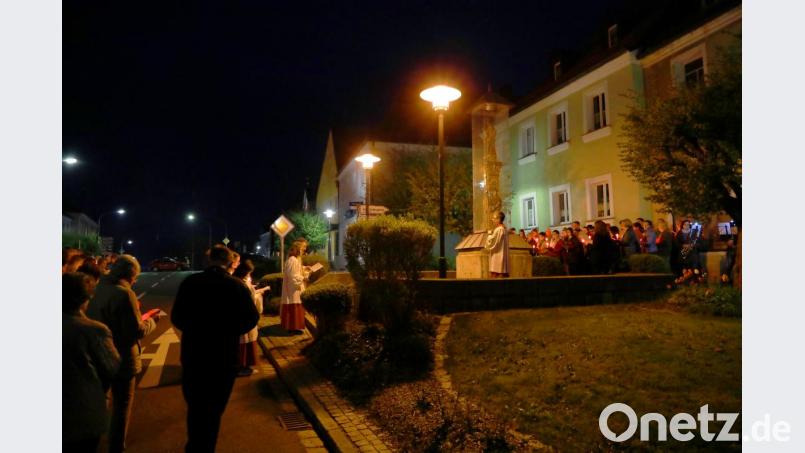 Pfarrer Martin Besold zog mit den Gläubigen von der Pfarrkirche durch die Stadt zur Mariensäule am Marktplatz. Bild: njn