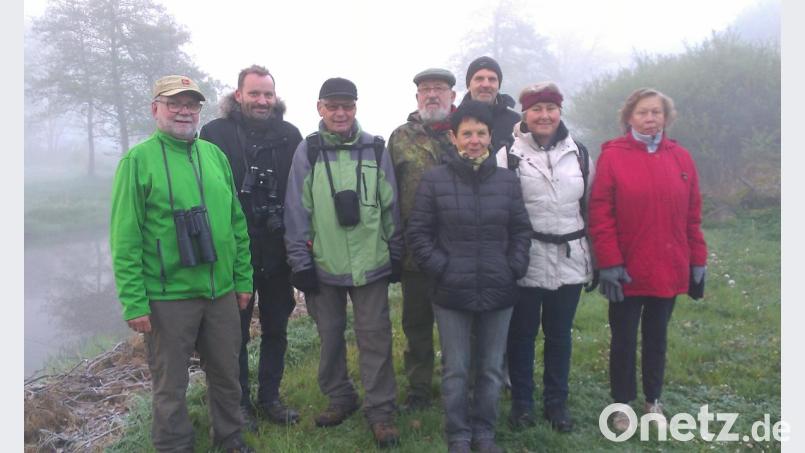 Der Hobby-Ornithologe Erhard Walberer (links) führt die Teilnehmer der Vogelstimmenwanderung an. Bild: exb