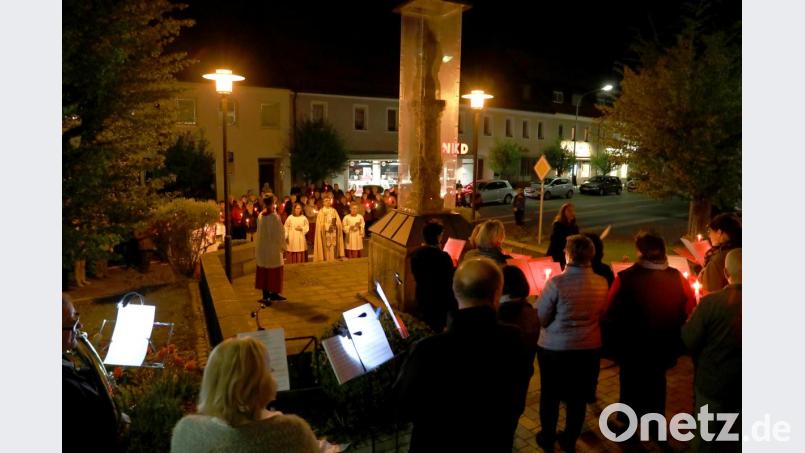 Pfarrer Martin Besold zog mit den Gläubigen von der Pfarrkirche durch die Stadt zur Mariensäule am Marktplatz. Bild: njn