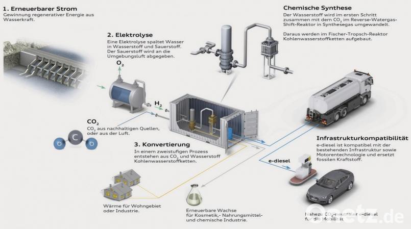 Audi erzeugt aus Wasser, Strom und CO2 Kraftstoff. Grafik: Audi