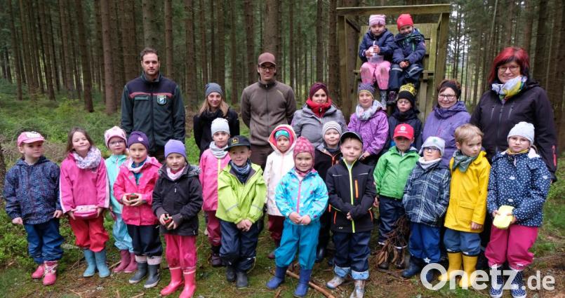 Im Wald sein, die Ruhe genießen, sich ganz andere Dinge zum Spielen suchen und Interessantes von Förster Sebastian Höllerer und seinen Praktikanten erfahren – die Kleinen haben Spaß unter großen Bäumen. Bild: le
