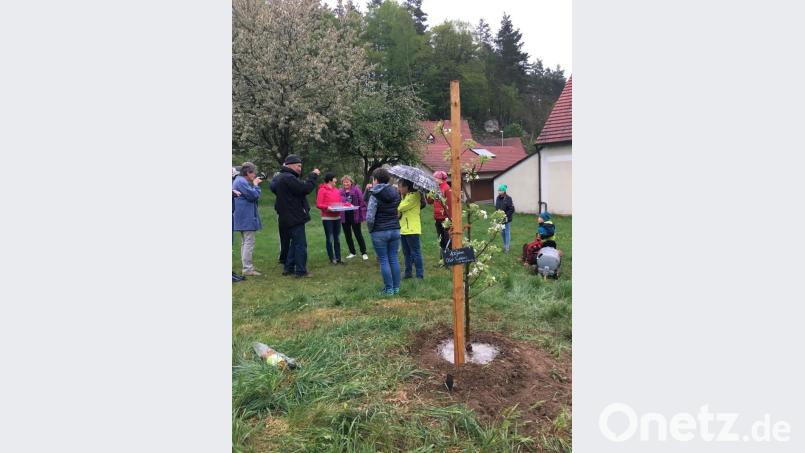 Die Gartler stoßen mit den Bürgern in Wurmrausch auf gutes Gedeihen des frisch gepflanzten Birnbaums an. Bild: exb