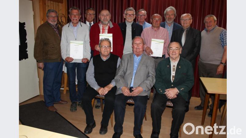 Treue Mitglieder der Siedlergemeinschaft wurden bei der Jahresversammlung ausgezeichnet. Im Bild die Geehrten (vorne von links): Franz Char, Vorsitzender Gerhard Strobl und Gustav Grassy sowie (hinten von links) Kreisvorsitzender Otmar Zeitler, Bernhard Konrad, Bürgermeister Franz Stahl, Gerhard Röckl, Eberhard Bauer, Uwe Geweth, Karl Meyer, stellvertretender Bezirksvorsitzender Arthur Weber, Karl Konrad und Fritz Lehner. Bild: hä