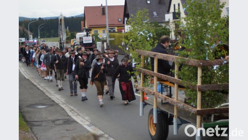 Schon seit 16 Jahren werden die bisherigen Vereinsregenten feierlich von der Pfreimder Kistlmusik und den Schmidgadener Böllerschützen abgeholt. Etwa 200 Schützen reihten sich in den Festzug ein. Bild: slh