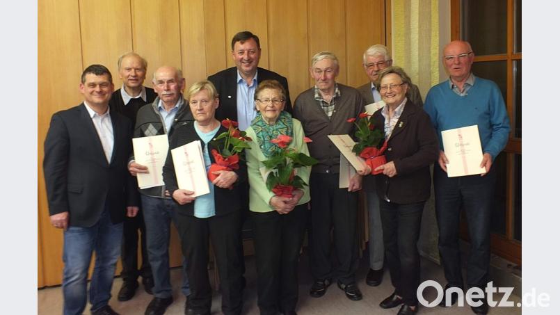 Im Rahmen der KAB-Jahresversammlung wurden langjährige Mitglieder geehrt. V. l.: KAB-Diözesansekretär Markus Nickl, Stadtpfarrer Hans-Peter Bergmann, Georg Wismath, Inge Wismath (beide 40 Jahre), Martin Meier (25 Jahre), Zenta Bauer, Ferenc Stricki, Peter Meier, Renate Meier (alle 40 Jahre) und Vorsitzender Günter Übelacker (40 Jahre Mitglied, 10 Jahre Vorsitzender). Bild: u