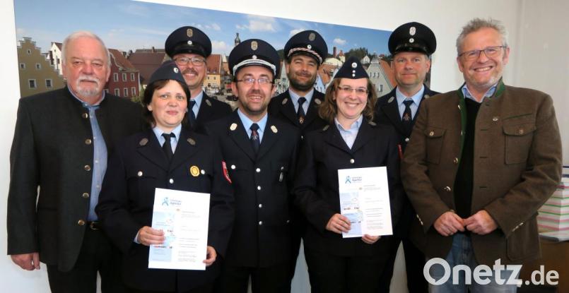 Oberbürgermeister Andreas Feller (rechts) verlieh die Ehrenamtskarte in Blau an Herbert Ach, Bettina Schwab, Bernhard Schmid, Christian Suchomel, Daniel Schwab, Cornelia Lang und Christian Roidl (von links) Bild: Hirsch