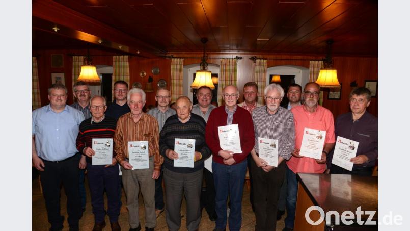 Vorsitzender Herbert Lorenz (links) ehrt die langjährigen Mitglieder Walter Sollfrank, Eberhard Jentsch (beide 50 Jahre), Ludwig Gillitzer (40 Jahre), Reinhard Karl, Richard Riedl, Reinhard Karl, Reinhold Schulz (30 Jahre, vordere Reihe von links), hintere Reihe von links Johannes Voit (30 Jahre), Josef Friedl, Harald Kraus, Josef Preßl (10 Jahre) sowie Josef Gallitzendörfer und Rainer Rewitzer (20 Jahre). Bild: bey