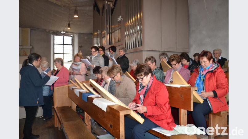 Die Veeh-Harfen-Gruppe gestaltet mit den Sängerinnen des Frauenbunds, jeweils unter der Leiterin von Petra Zielbauer (links), den Fest- und Dankgottesdienst. Bild: gi