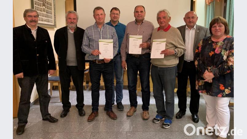Bei den Ehrungen (von links): Bezirksvorsitzender Reinhard Ott, Zweiter Vorsitzender Alfred Meißner, Harald Kellner, Wolfgang Götz, Anton Kohl, Konrad Gäck, Zweiter Bürgermeister Georg Götz und die Vorsitzende der SG Ursulapoppenricht, Sabine Strömel. Bild: Nicole Koller