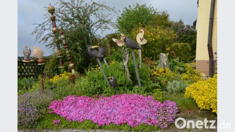 Wie gute Bekannte grüßen sich Gockel und Raben im Garten von Monika Völkl, der im Frühling und Sommer wieder seine ganze Naturschönheit entfaltet. Bild: dob