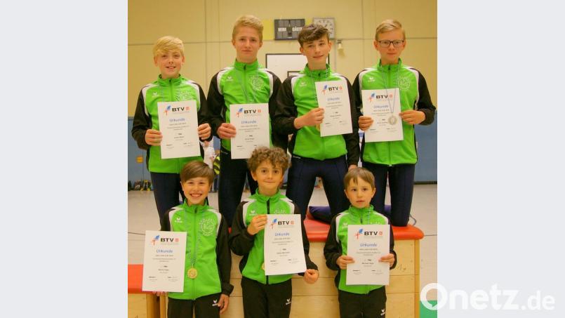 Die erfolgreichen Turner vorne von links Moritz Hage, Stefan Manoilov, Michael Hage
hinten von links: Justus Beck, David Krapf, Hannes Schreyer, Jonas Serfling Bild: soj