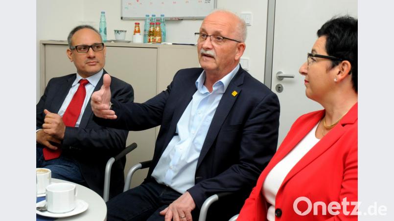 Redaktionsgespräch mit den SPD-Europa-Abgeordneten Ismail Ertug (von links), Udo Bullmann und OB-Kandidatin Birgit Fruth. Bild: Stephan Huber