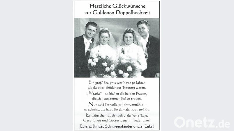 Das 50-Jährige Ehejubiläum feierten die beiden Jubelpaare noch gemeinsam. Die Kinder schickten damals Ihre Glückwünsche auch über eine Anzeige im neuen Tag. Bild: rpp