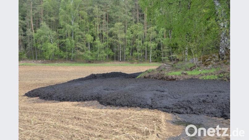Die dunkle Masse wirkt wie erkaltete Lava. Sie war rund um eine Baumgruppe in einem Waldgebiet im östlichen Teil des Landkreises aufgebracht worden. Bild: dob