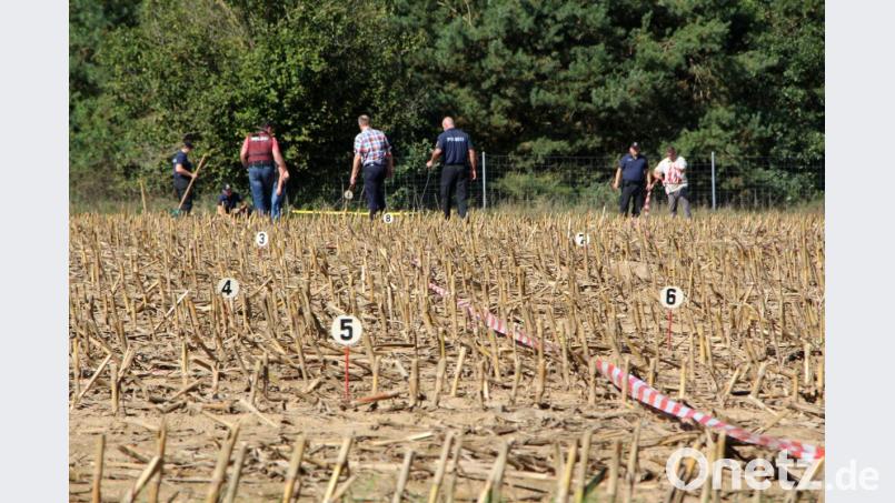 Nach dem tragischen Tod des Beifahrers, suchten Polizisten bei Nittenau das Feld ab, auf dem zum Todeszeitpunkt eine Jagd stattgefunden hatte. Bild: Alexander Auer