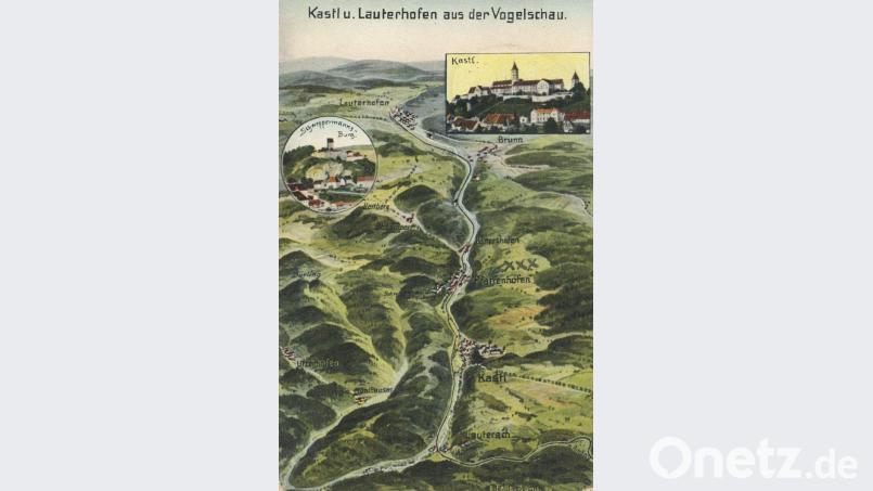 Diese schöne Reliefkarte des letzten Streckenabschnitts von Kastl nach Lauterhofen (Kilometer 21,4 bis 28,4) erinnert an die Lokalbahn-Zeit. Bild:  Sammlung Josef Schmaußer