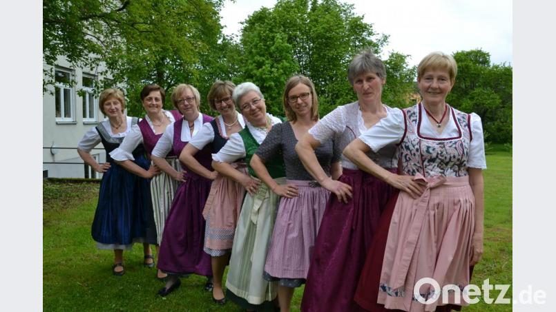 Beim Pressetermin präsentieren die Frauen ihre selbst genähten Dirndln. Der erste Dirndlnähkurs der Landfrauen Tirschenreuth mit Kursleiterin Michaela Burger (Ditte von links) aus Konnersreuth kam sehr gut an. Eine Fortsetzung ist geplant. Bild: szl