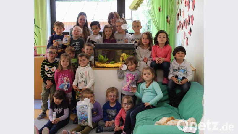 Mit ihren Erzieherinnen Julia Waldhauser (hinten links) und Martina Dolles (hinten rechts) haben die Kinder der Marienkäfergruppe des St.-Wolfgang-Kindergartes in ihrem Gruppenzimmer ein Aquarium eingerichtet. Bild: u