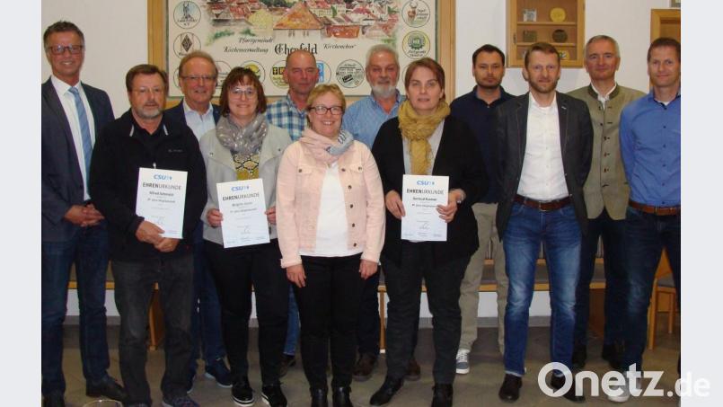 Die CSU Ehenfeld ehrt bei ihrer Jahreshauptversammlung langjährige Mitglieder. Im Bild von links: Bürgermeister Hermann Falk, Alfred Schmalzl, CSU-Fraktions-Chef Hans-Jürgen Schönberger, Brigitte Gnan, Peter Grünwald, Christine Falk, Franz Birner, Gertrud Kustner, Stephan Schmalzl, Ortsvorsitzender Christian Gnan, Kreisvorsitzender und Landtagsabgeordneter Harald Schwartz sowie Stefan Basler. Bild: u