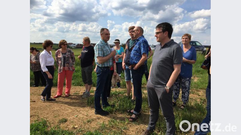 Natürlich wollten die Paten auch „ihre“ Blühwiese sehen. Landwirt Herbert Fleischmann (Bildmitte, mit kariertem Hemd), führte seine Gäste auf die Fläche, auf der sich tatsächlich schon die ersten kleinen Pflänzchen zeigen. Bis sie blühen, wird es aber noch eine Weile dauern. Bild: Unger, Heike