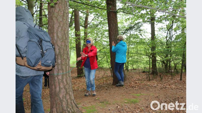 Ganz besondere Eindrücke brachte das „blinde Laufen“ durch den Wald. An einem Seil tastenden sich die Tour-Teilnehmer durch den Wald und bewältigten Hindernisse am Boden und ihrer Umgebung. Bild: bsc