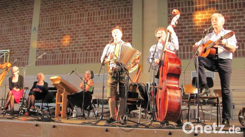 Abwechselnd sorgen einmal die Brüder Michael, Karli und Stofferl (von rechts) und einmal die Schwestern mit Musik und Gesang für Heiterkeit in der Halle. Bild: sei