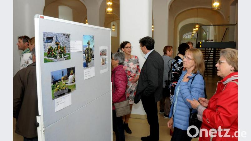 Vor dem König-Ruprecht-Saal konnten sich die Vertreter der teilnehmenden Vereine Bilder von allen Amberg-Sulzbacher Osterbrunnen ansehen und sich Anregungen für nächstes Jahr holen. Bild: Stephan Huber