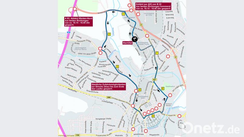 Zum Nofi-Lauf 2019 ist mit Behinderungen auf den Straßen rund um Weiden zu rechnen. Einige sind gesperrt. Grafik: NT/AZ-Grafik