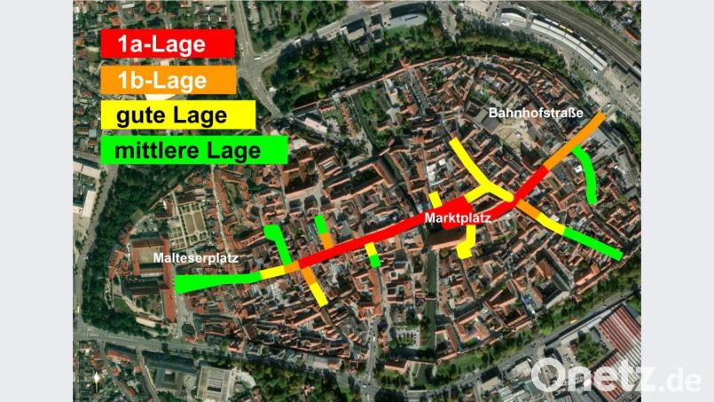 Für die rot eingezeichneten 1a-Lagen sind in der Amberger Altstadt inzwischen 1000 Euro pro Quadratmeter Grund fällig. Grafik: upl