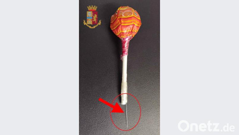 30.05.2019, Italien, Rom: Das von der Polizei in Rom herausgegebene Handout zeigt die "Tatwaffe", einen mit einer Nadel präparierten Lutscher, mit der ein Mann einen Überfall versucht hat. Foto: Polizei Rom/dpa Bild: agentur_dpa