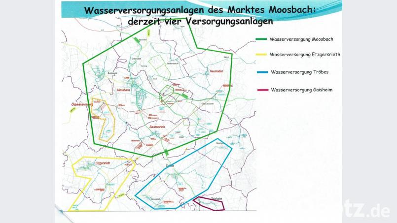 Die Marktgemeinde Moosbach hat vier getrennte Wasserversorgungen mit unterschiedlichen Gebühren: Moosbach (grüne Umrandung), Etzgersrieth (gelb), Tröbes (blau) und Gaisheim (violett) Repro: gi