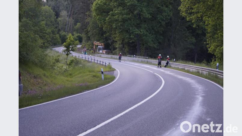 Die Feuerwehr Wurz beseitigt die von einem Bagger verursachte Ölspur, Bild: arw