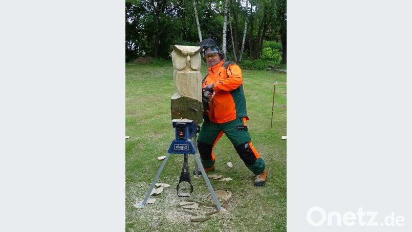 Motorsägenkünstler Uwe Linz gestaltet beim Fest zum 50-jährigen Bestehen des Sonderpädagogischen Förderzentrzums große Holzfiguren. Bild: exb