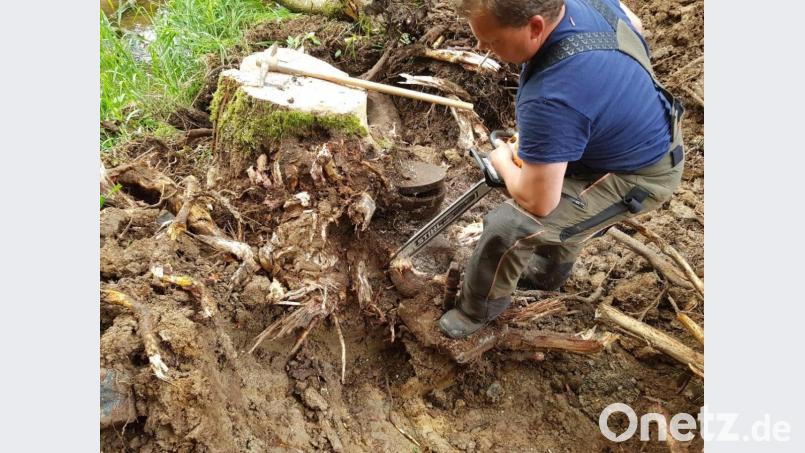 Ein Hydrant in Inzendorf ist mit der Zeit sogar von einem Baum umwachsen worden. Der Hydrant wurde in 1950er Jahren offensichtlich noch nie gespült und das Wasser sah entsprechend aus, heißt es aus dem Rathaus. Der defekte Hydrant ist mittlerweile samt Wurzelstock entfernt worden. Bild: exb