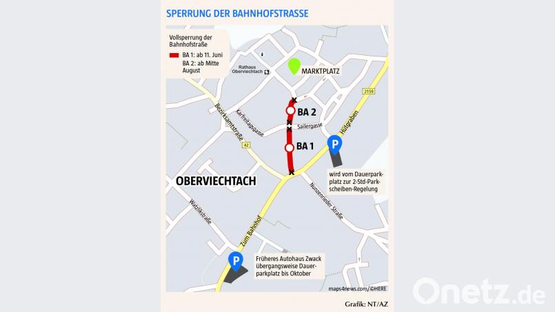 Die Grafik zeigt die Sperrung der Bahnhofstraße in den zwei Bauabschnitten (BA 1 und BA 2). Die Kreuzung Karfreitaggasse/Sailergasse bleibt während der Bauphase befahrbar. Als neuer Dauerparkplatz steht das Gelände beim ehemaligen Autohaus Zwack (unten) zur Verfügung, während der Parkplatz Hütgraben (rechts) übergangsweise eine Parkscheiben-Regelung erhält. Bild: Portner