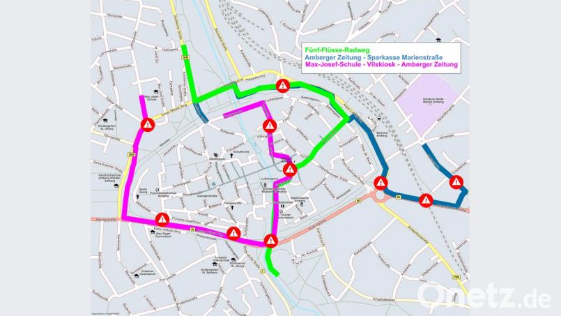 Drei Routen durch die Altstadt: Von der Max-Josef-Schule über den Vilskiosk zur Amberger Zeitung (pink), unterwegs auf dem Fünf-Flüsse-Radweg (grün) und von der Amberger Zeitung zur Sparkasse in der Marienstraße (blau) waren unsere Reporter Andrea Mußemann, Rainer Fröhlich und Andreas Ascherl unterwegs. Bild: ass